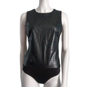 Black Faux Leather Bodysuit M Tank Top Croc Embossed Basic Layer Edgy EXPRESS